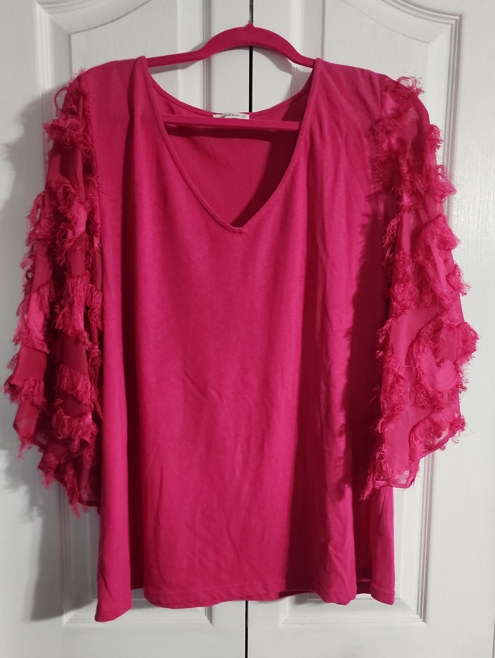 ANDTHEWHY Brand Boutique Boho Fringe Sleeve V-Neck Tunic - Hot Pink